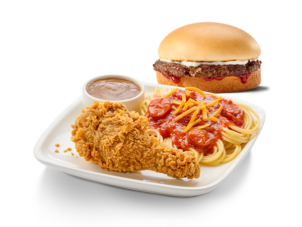 1 Pc Chickenjoy with gravy + half  Spaghetti + 1 Yumburger