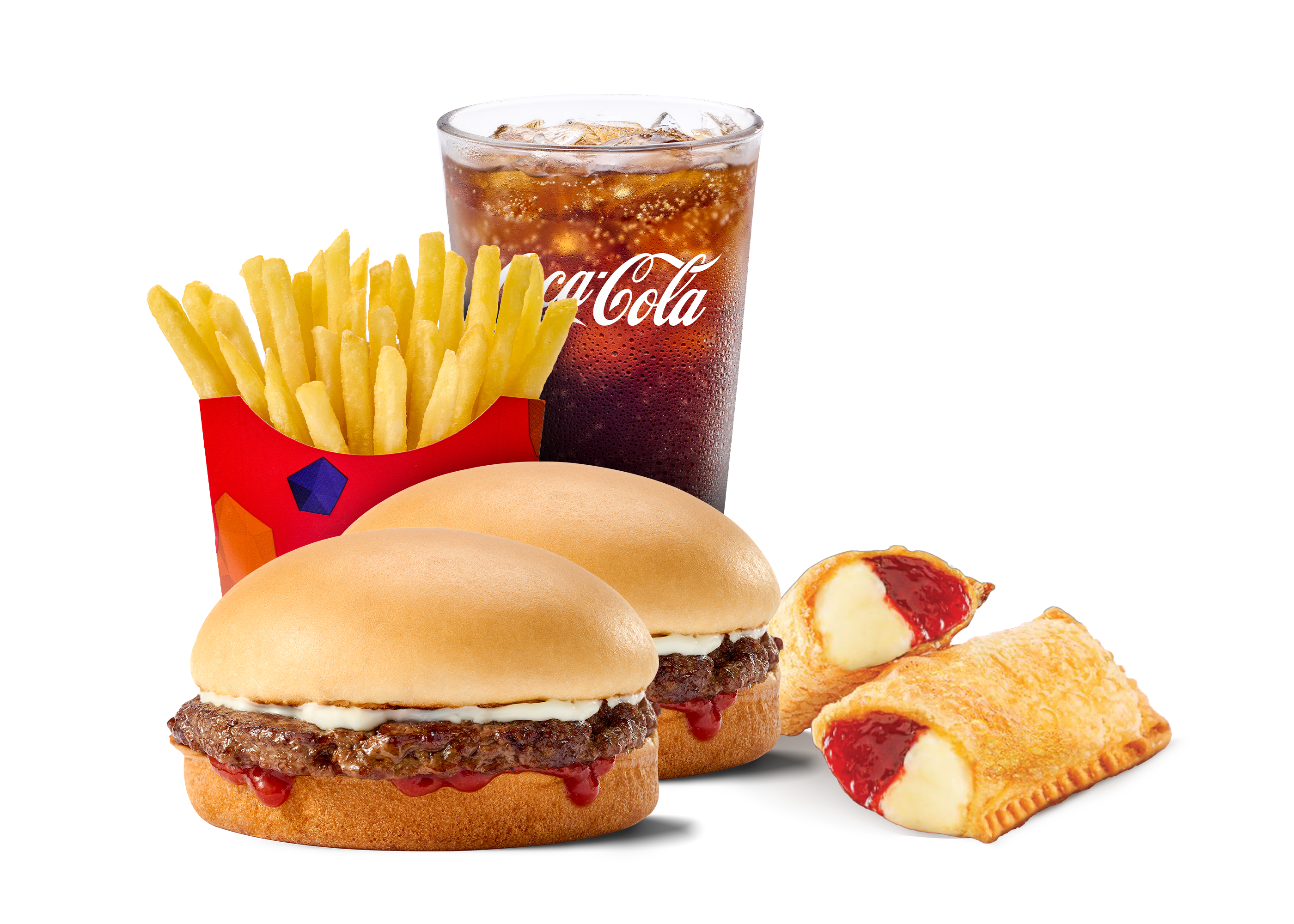 2 Yum Burger + Fries + Cola +  1pc Strawberry Cheese Pie