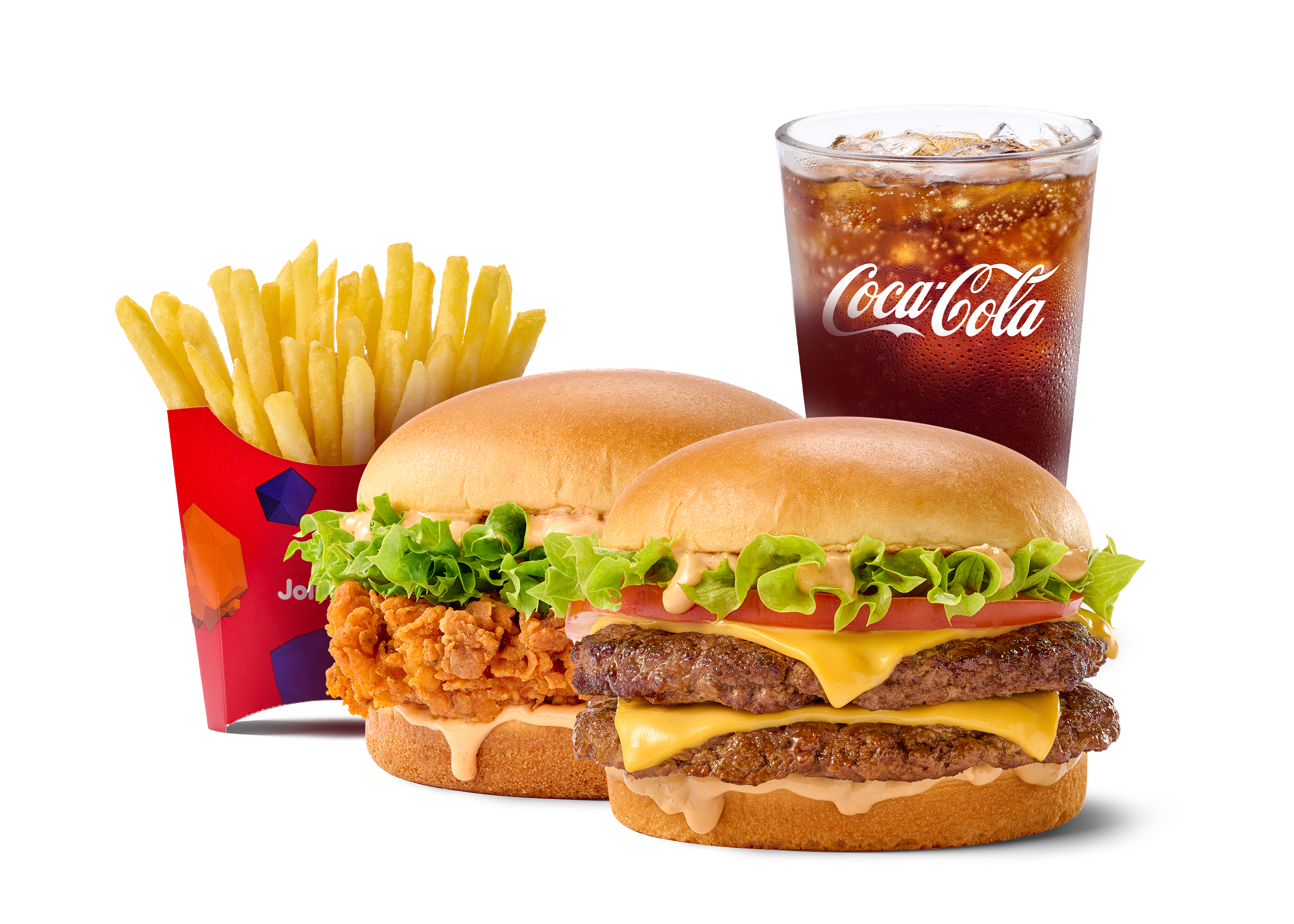 1 Jolliburger + 1 chicken sandwich + 1 Large Fries + 1 Cola